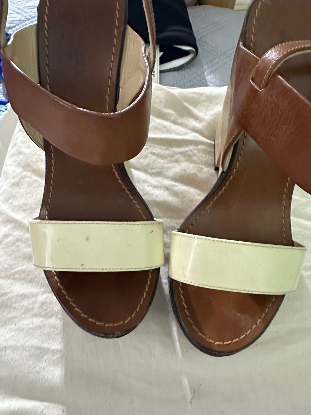 Jimmy Choo Brown Leather and Cream Wood-Patterned Wedge Sandals